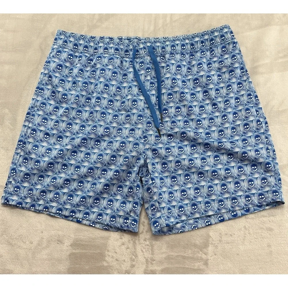 Robert Graham Swim Trunks Shorts Men 2XL Blue Skull Print Compression Lined Surf